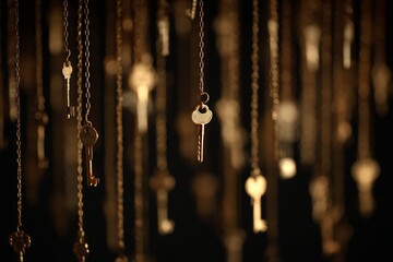 Golden Keys Hanging on Chains Against Dark Background