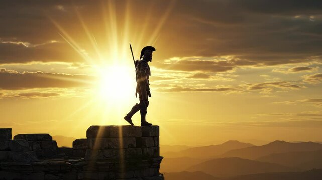 Silhouette of ancient warrior atop ruins, embracing a radiant sunrise and mountain vista,