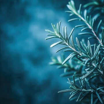 closeup of fresh rosemary sprigs with needlelike leaves, aromatic herb photography, clean soft background