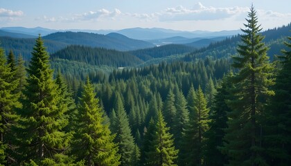 Obraz premium Clear fir forest in summer with lush green trees, sun-dappled trails, peaceful nature paths, and fresh mountain air—perfect scenic woodland escape for outdoor lovers.