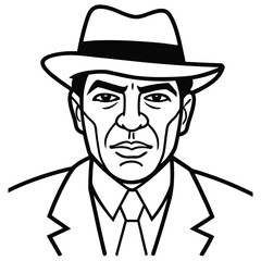 Serious gangster portrait; line art style; fedora, suit; vintage feel; mysterious mood.