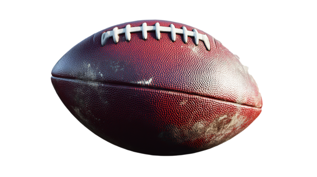 A weathered football symbol of intense games and gridiron glory shows scuffs and stories on a on transparent background