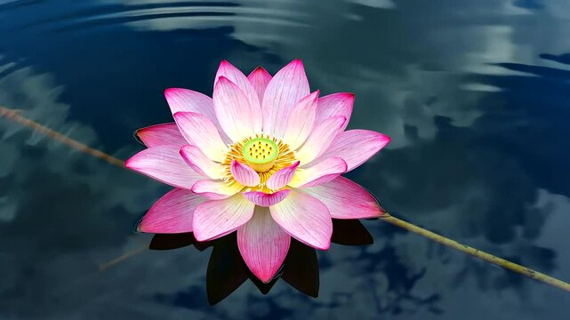 A vibrant pink lotus flower floating serenely on calm water, reflecting the sky and surroundings