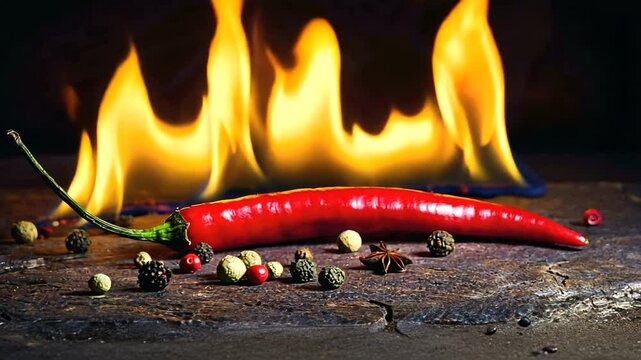 A vibrant red chili pepper lies on a rustic stone surface with flames in the background, symbolizing heat
