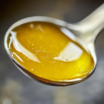 closeup of clarified ghee in a spoon with golden shine macro food photography  clean setup