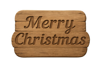 Wooden christmas sign carved with festive greeting, resting on transparent surface for holiday graphic design needs