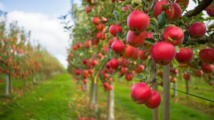 Ripe Red Apples Hanging on Trees in an Orchard