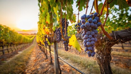 Ripe purple grapes in vineyard at golden hour sunset