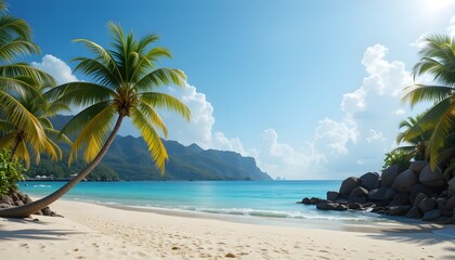 Tropical beach paradise in summer with crystal-clear water, white sand, palm trees, and blue skies—perfect island escape for vacation, relaxation, and sunshine lovers.

