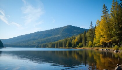 Fototapeta premium Beautiful summer landscape with tranquil lake and green forest along the shore under a clear blue sky—serene nature scene full of color, calm, and seasonal beauty.
