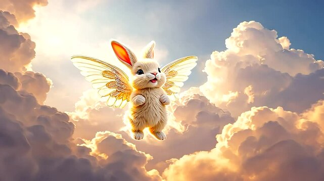 A whimsical flying bunny with wings soaring through a vibrant sky filled with fluffy clouds