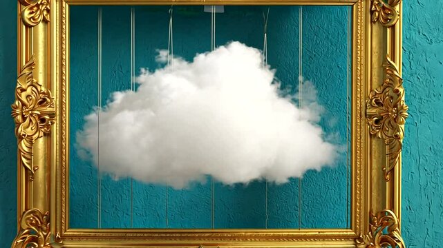 A whimsical golden frame showcasing a fluffy cloud against a turquoise wall backdrop