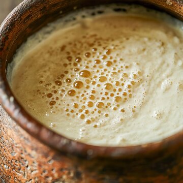 closeup of dosa batter fermenting in traditional clay pot bubbly texture surface macro South Indian cuisine photography