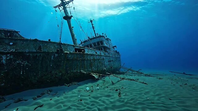 Abandoned shipwreck resting on the ocean floor, surrounded by sand and marine life, sunlight filtering through water