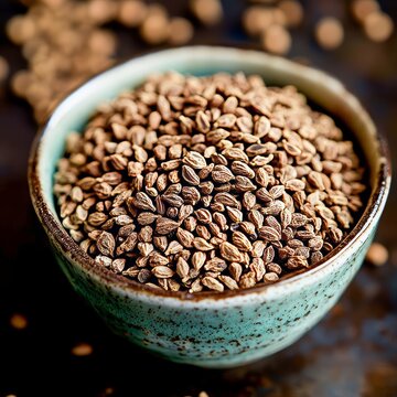 closeup of dried ajwain seeds in a tiny ceramic bowl fine ovalshaped texture macro Indian spice photography soft clean light