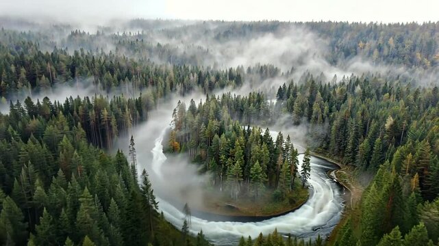 Aerial view of a winding river surrounded by dense forest shrouded in morning mist