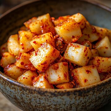 closeup of kkakdugi radish kimchi in a ceramic bowl cubed spicy fermented daikon macro detail photography rustic background