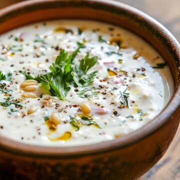 closeup of Lebanese kishk soup with fermented wheat and yogurt creamy texture with herbs macro Middle Eastern fermented food photography