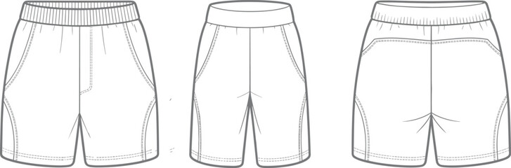 CAD drawing flat vector illustration of shorts, technical sketch, fashion design, apparel template, front, side, back view
