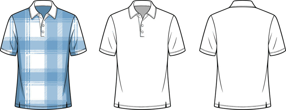 CAD drawing flat vector illustration of men’s short sleeve polo shirt, front and back view, technical fashion sketch, editable template