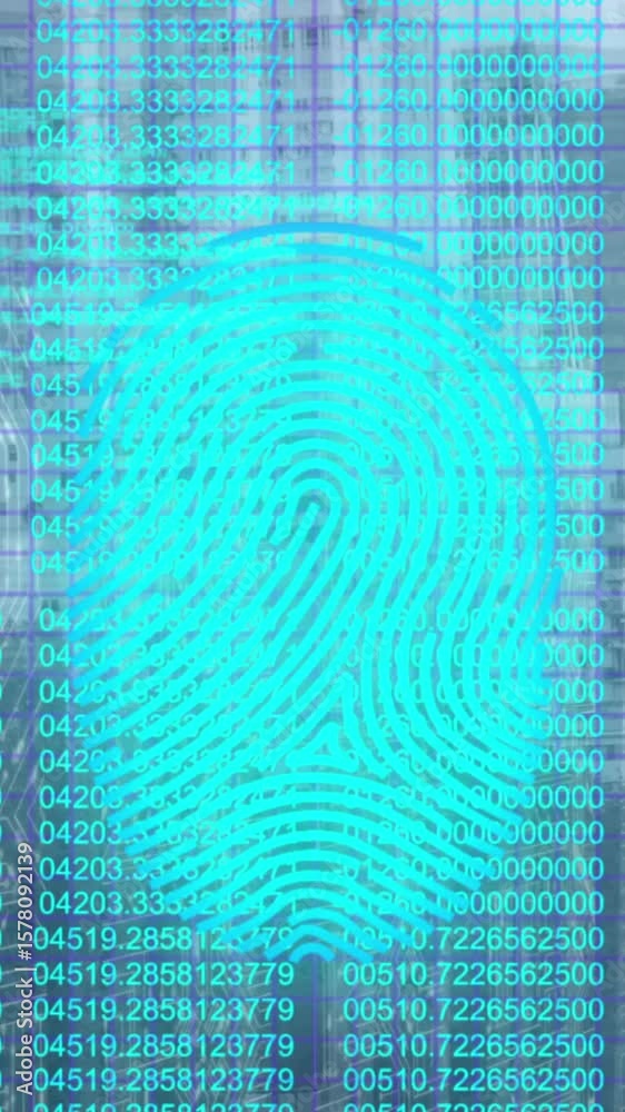 Poster animation of fingerprint scanning with red, blue light on digital interface with coding