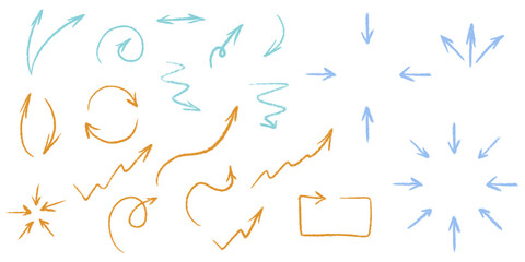 Grunge chalk textured thin arrows set. Pointer brush stroke school symbol. Pencil charcoal freehand direction. Scribble curve, wavy, round sketch arrow. Doodle hand drawn isolated vector illustration.