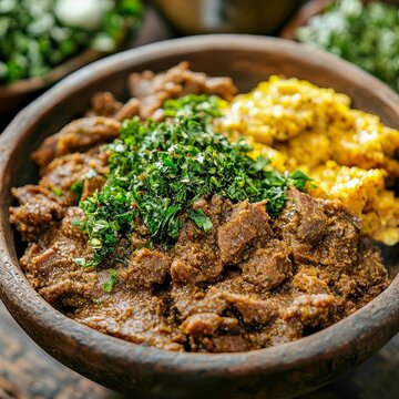 closeup of Ethiopian kitfo raw meat dish fermented spiced butter and herbs macro vibrant texture photography rustic traditional background