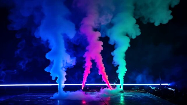 Colorful smoke effects illuminate a night sky during an outdoor event with vibrant lighting