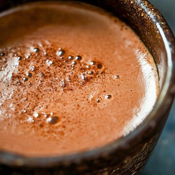 closeup of Mexican temazcal fermented hot chocolate drink rich brown creamy texture macro Latin American fermented beverage photography