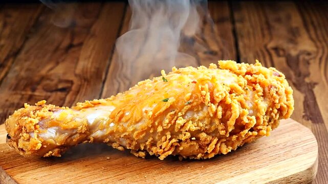Crispy fried chicken drumstick on a wooden cutting board with steam rising, rustic background