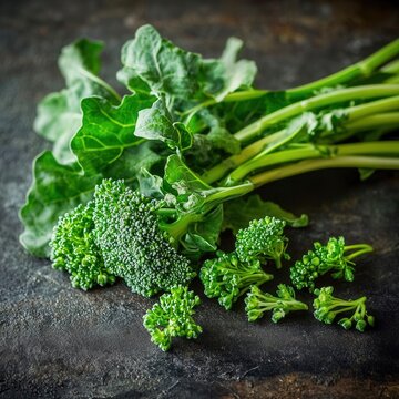 closeup of broccoli rabe with leafy greens and small florets, macro Mediterranean vegetable photography, rustic background