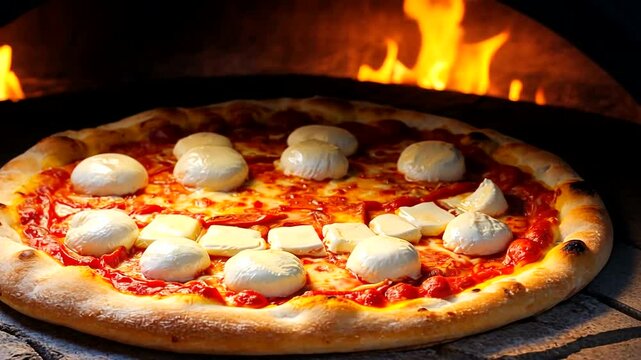 Deliciously baked pizza with melted cheese and toppings, emerging from a traditional oven