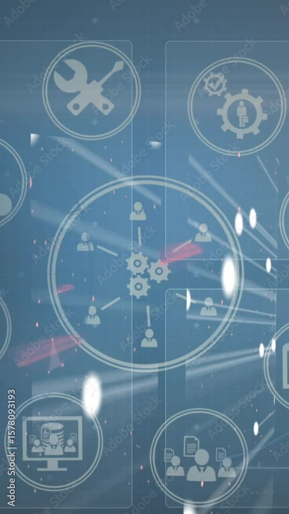 Poster animation of network of digital icons over multiple screens with data processing on blue background