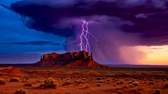 Dramatic lightning strikes over a desert landscape with distant mountains under stormy skies