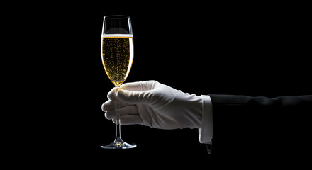 A gloved hand elegantly presents a glass of sparkling champagne, perfect for celebratory toasts and luxury events.