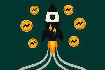 Rocket Launching with Digital Currency Coins on Dark Green Background Illustration