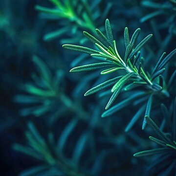 closeup of fresh rosemary sprigs with needlelike texture, deep green color, macro herb photography