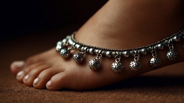 Indian anklet payal silver with ghungroo bells realistic side view macro cultural accessory on tan skin background