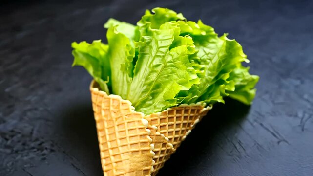 Fresh green lettuce creatively served in a waffle cone on a textured dark background