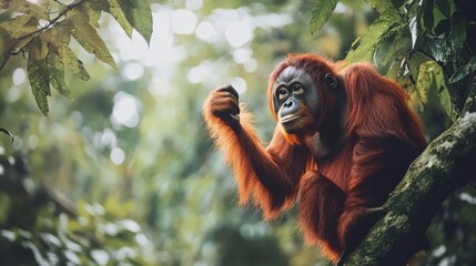 Obraz premium Orangutan in a lush rainforest setting.
