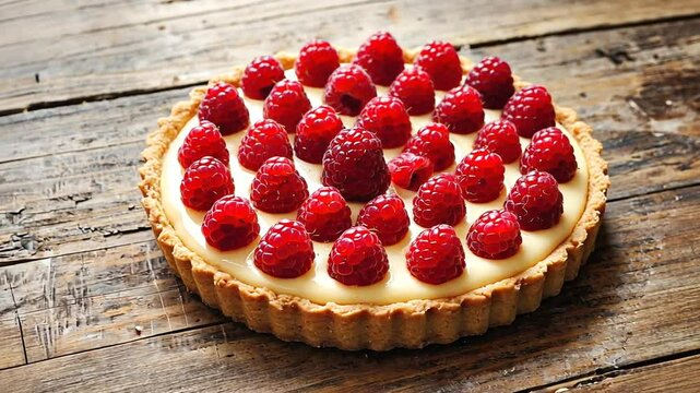 Fresh raspberry tart on rustic wooden table, showcasing vibrant berries and creamy filling