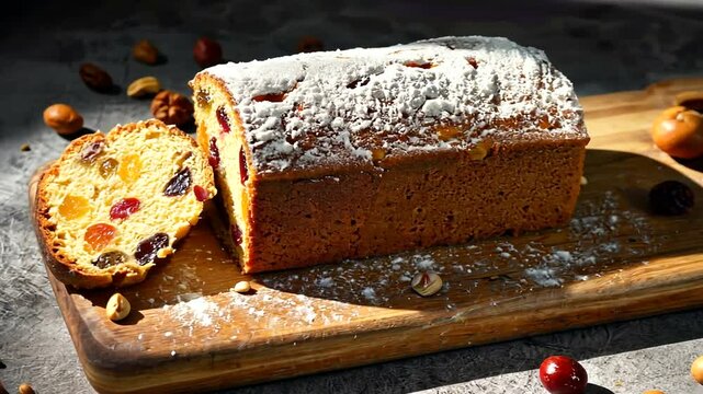 Freshly baked fruit bread on a wooden board, dusted with powdered sugar, with nuts scattered around
