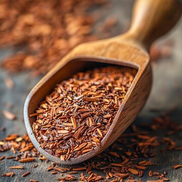 closeup of rooibos tea leaves in a wooden scoop redbrown texture macro South African tea ingredient photography rustic background