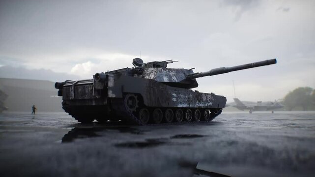 Military american base. American battle tank 4k animation.