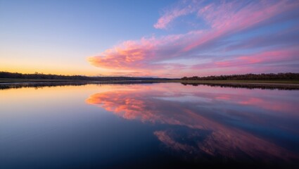 Fototapeta premium Serene sunset reflection over tranquil water with pink clouds