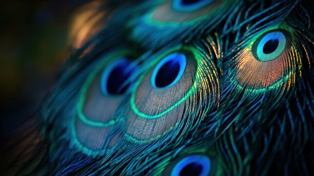 Close-up peacock feathers, vibrant colors - Powered by Adobe
