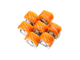Fresh salmon sushi rolls with cream cheese and crab isolated on transparent background