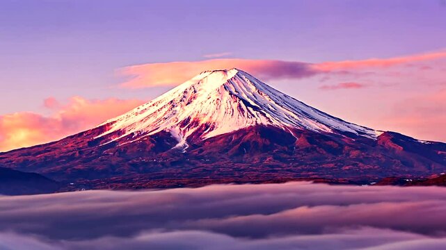 Majestic Mount Fuji at Sunrise Surrounded by a Sea of Clouds with Soft Pastel Skies