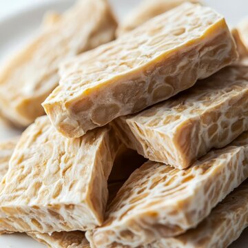 closeup of sliced tempeh showing fermented soybean texture macro photography t clean white background
