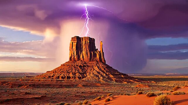 Majestic rock formation illuminated by lightning during a dramatic storm in the desert
